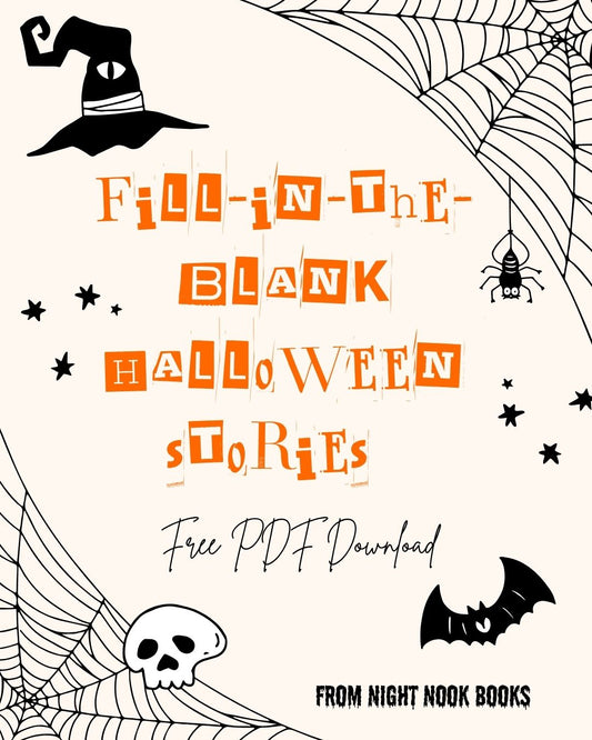 Spider webs and bats introducing Fill-in-the-blank Halloween Stories. A Free PDF Download from Night Nook Books