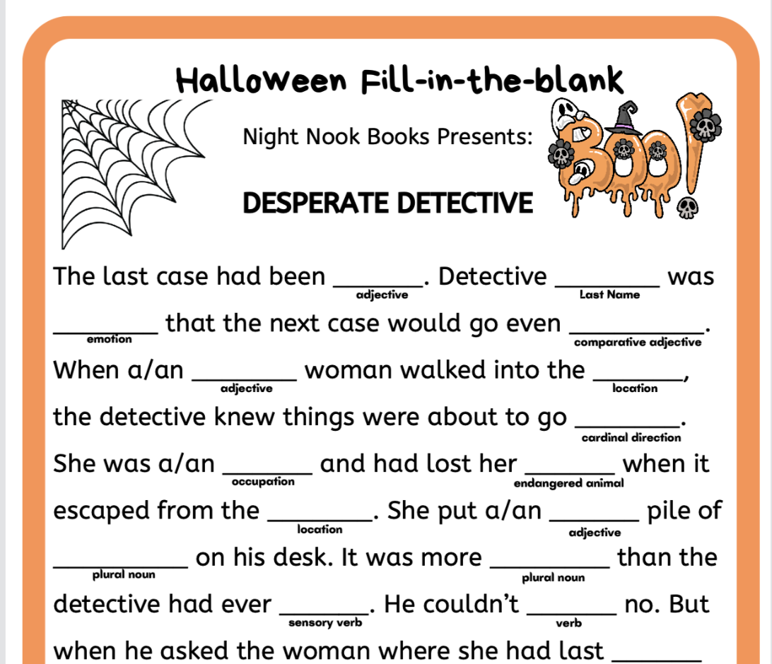 Halloween-themed fill-in-the-blank worksheet with a fox character on an orange border.
