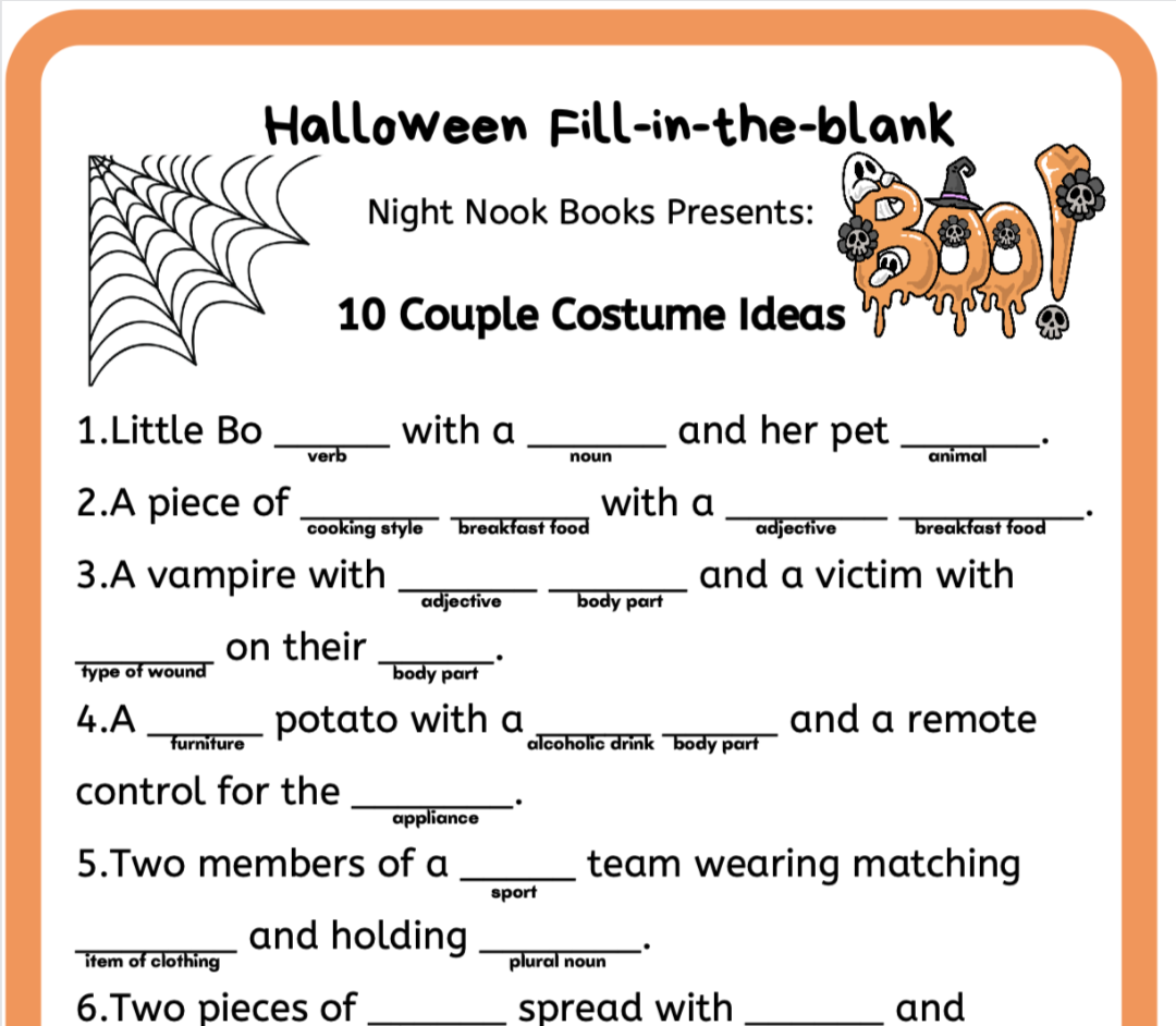 Halloween-themed fill-in-the-blank worksheet with cartoon characters and spider web design.