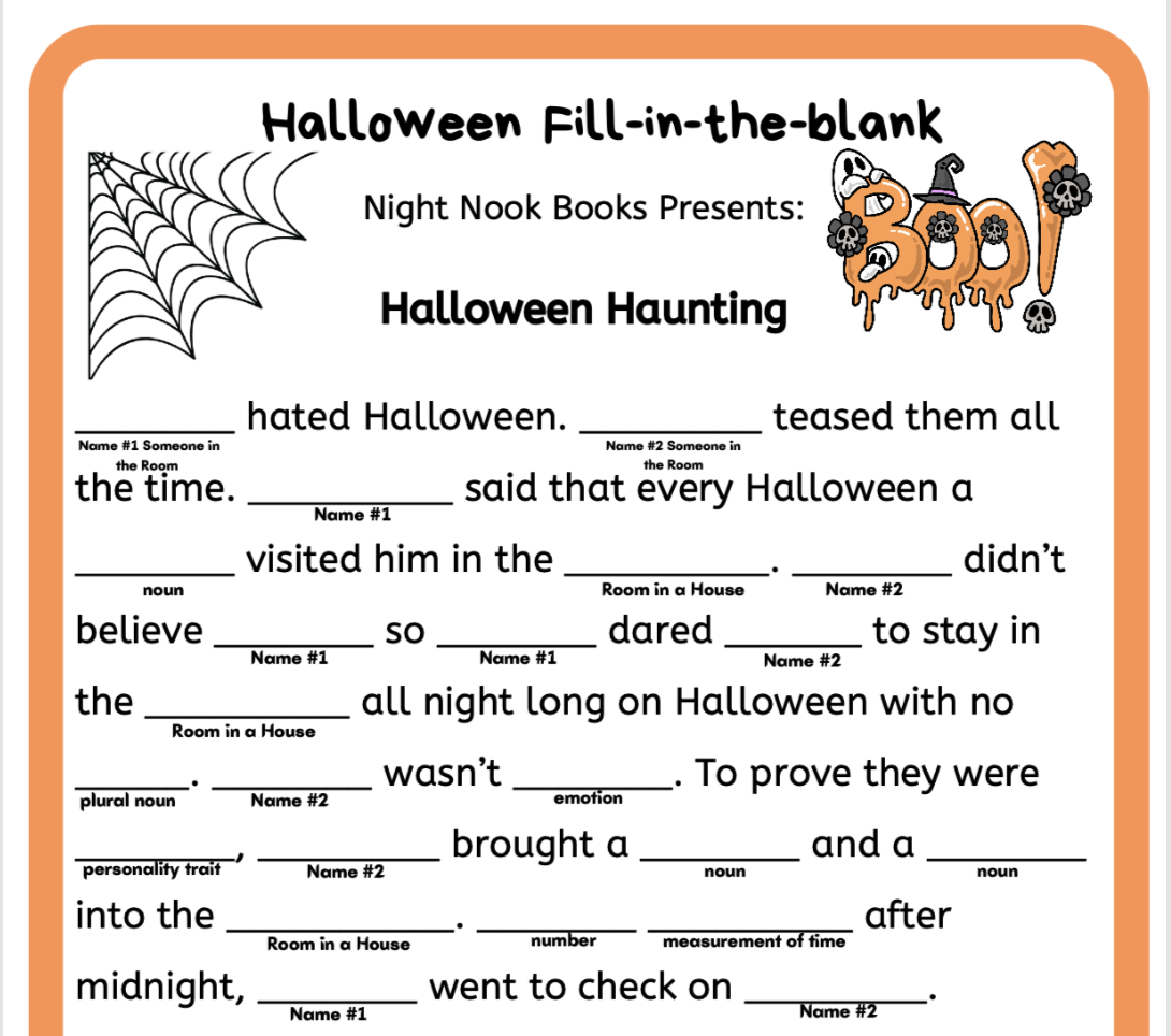 Halloween-themed fill-in-the-blank worksheet with a cat and spider web illustration.