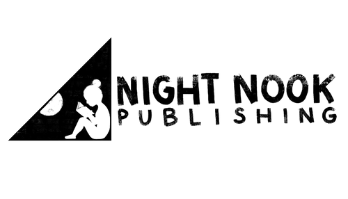 The logo of Night Nook Publishing that includes the girl reading by the light of the moon in a black triangle. Night Nook Publishing is written in hand-brushed font on the right side.